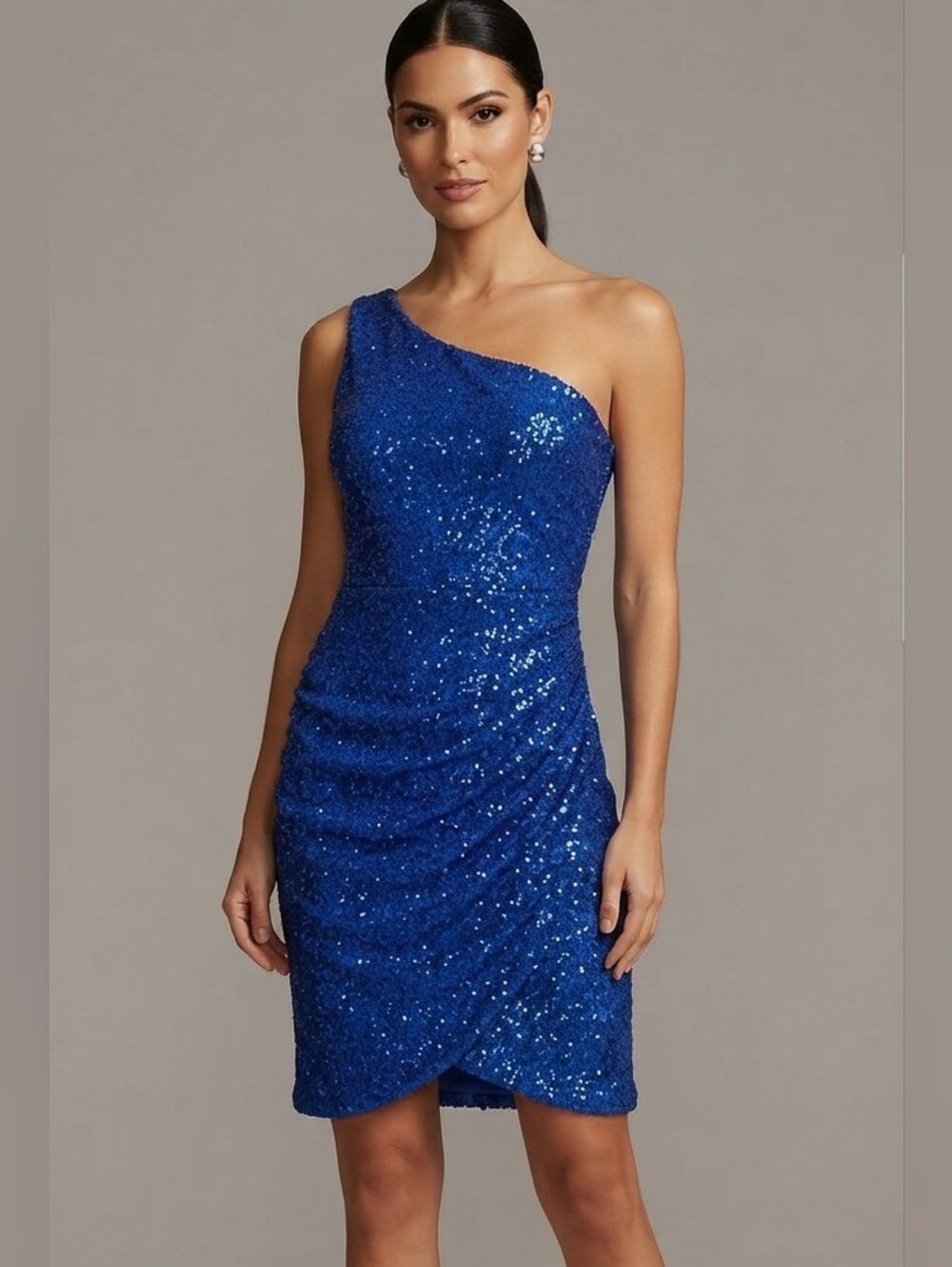 Grace Karin One Shoulder Ruched Bodycon Blue Sequin Cocktail Dress Size Medium